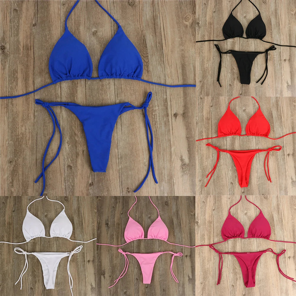 Pink Swimsuit Bikini Women Solid Color Sexy High Leg Thong Swimwear Bikinis Sets Female 2 Piece Bathing Suit Beachwear