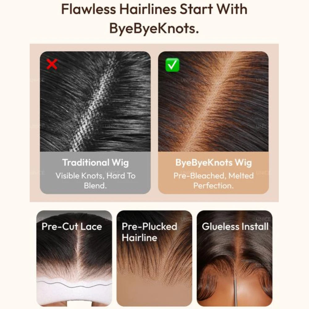 UNice Bye-Bye Knots™ 7x5 Lace Pre Layered Side Part Yaki Straight Wig Human Hair Glueless Wig Short Bob Wigs 150% Density
