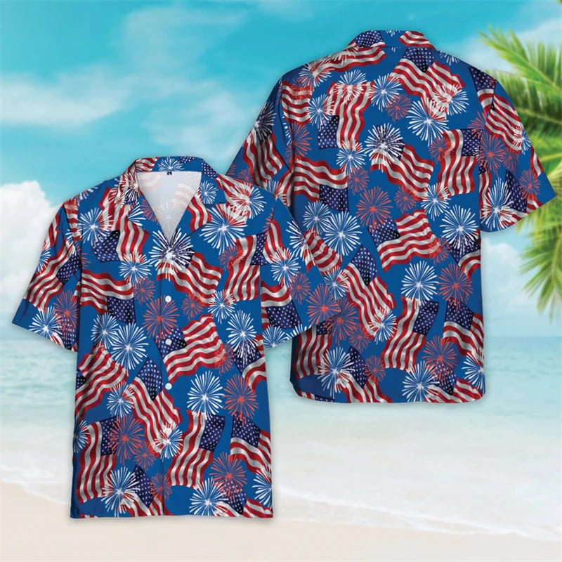 4th Of July Shirts For Men Clothes USA Flag Lapel Blouse Patriotic Hawaii Button Clothes  American Independence Day Short Sleeve