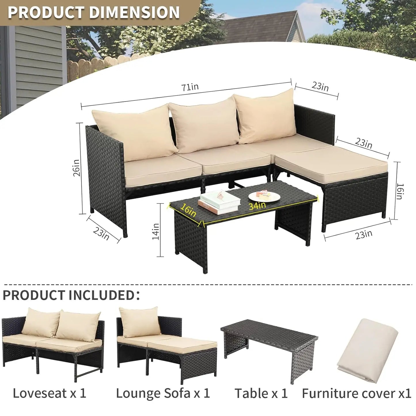 3-Piece Outdoor PE Rattan Furniture Set Patio Black Wicker Conversation Loveseat Sofa Sectional Couch Khaki Cushion, Customized