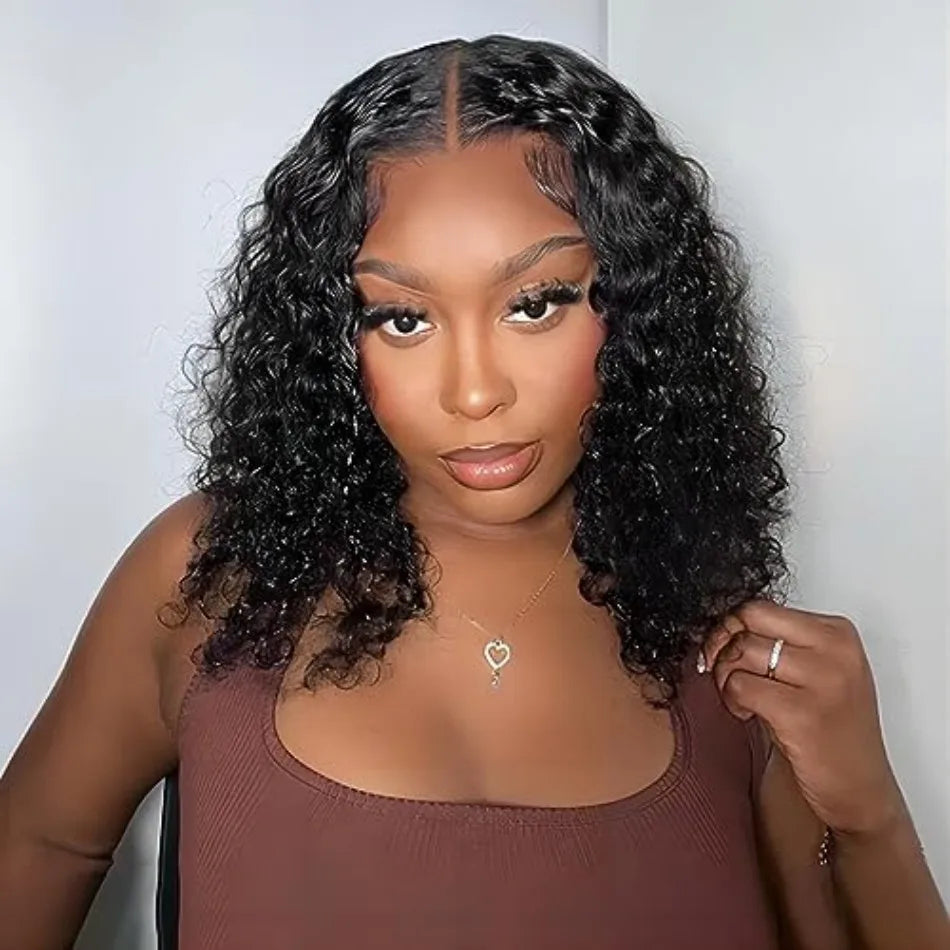 Deep Wave Lace Frontal Wigs 4x4 5x5 Glueless Wig Bob Wig Human Hair Pre Plucked HD Transparent Lace For Women Natural Black 16In