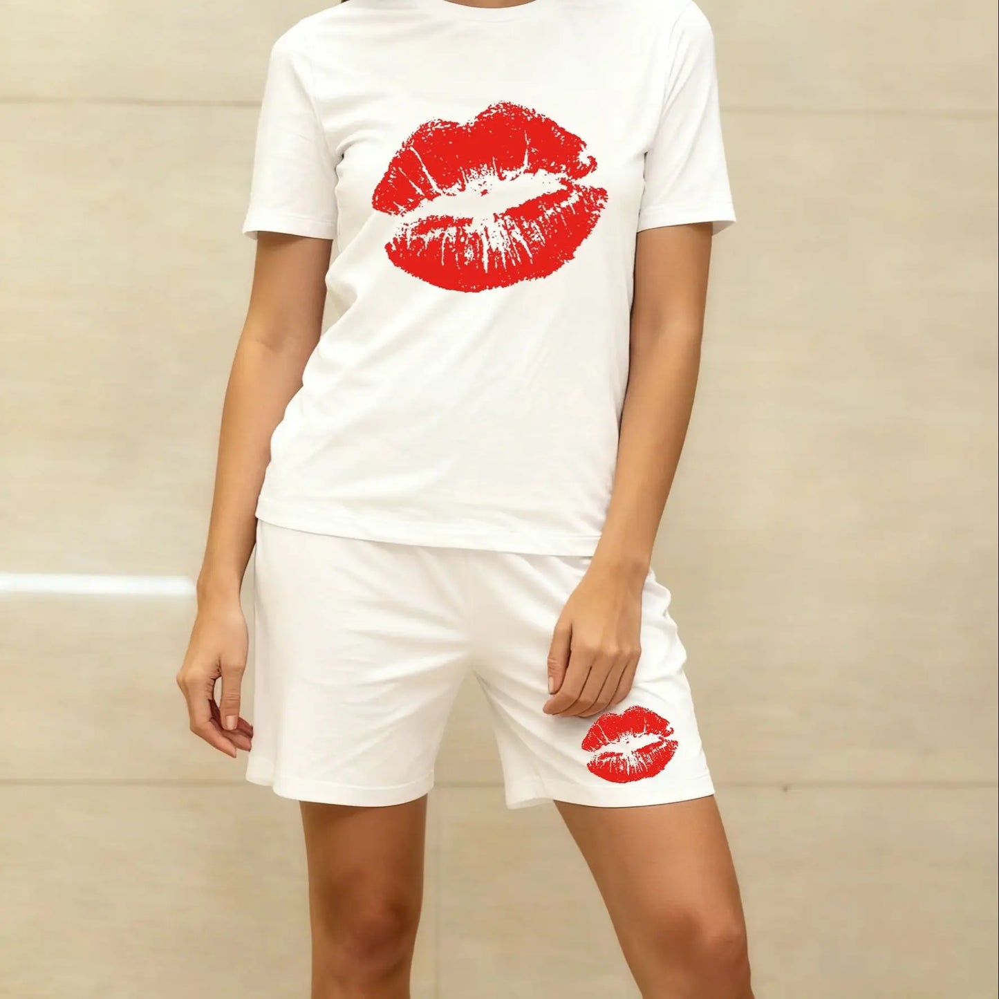 Women's 2-Piece Pajama Set Summer Short Sleeve T-Shirt & Shorts Red Lip Print Soft Cotton Loungewear Sleepwear S-XXL