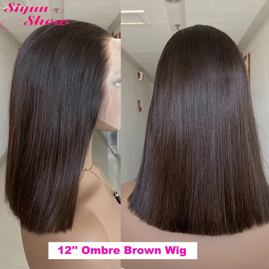Bone Straight HD Lace Frontal Wig Raw Vietnamese Hair Double Drawn Short Bob Human Hair Wigs For Women Pre Plucked Ombre Brown