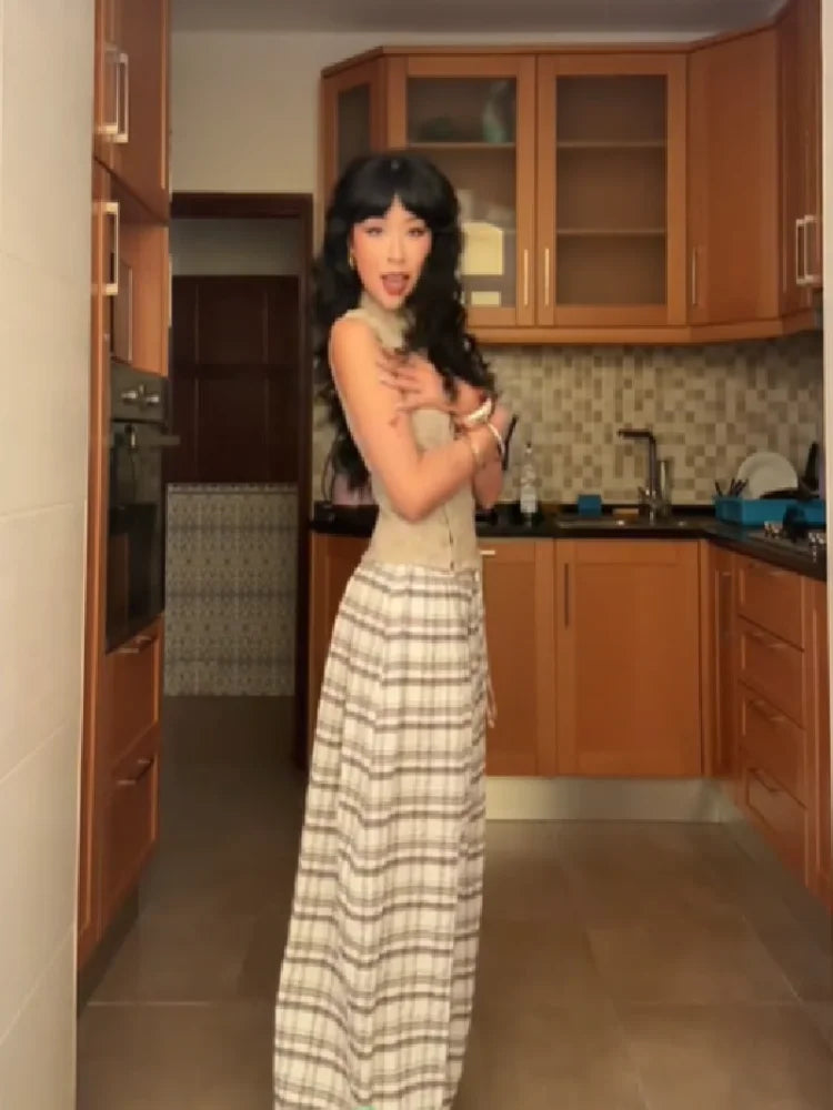 Two-Piece Set For Women Fashion High Neck Double Breasted Sleeveless Blouse Plaid Wide Leg Pants Suit Lady's Casual Outfit