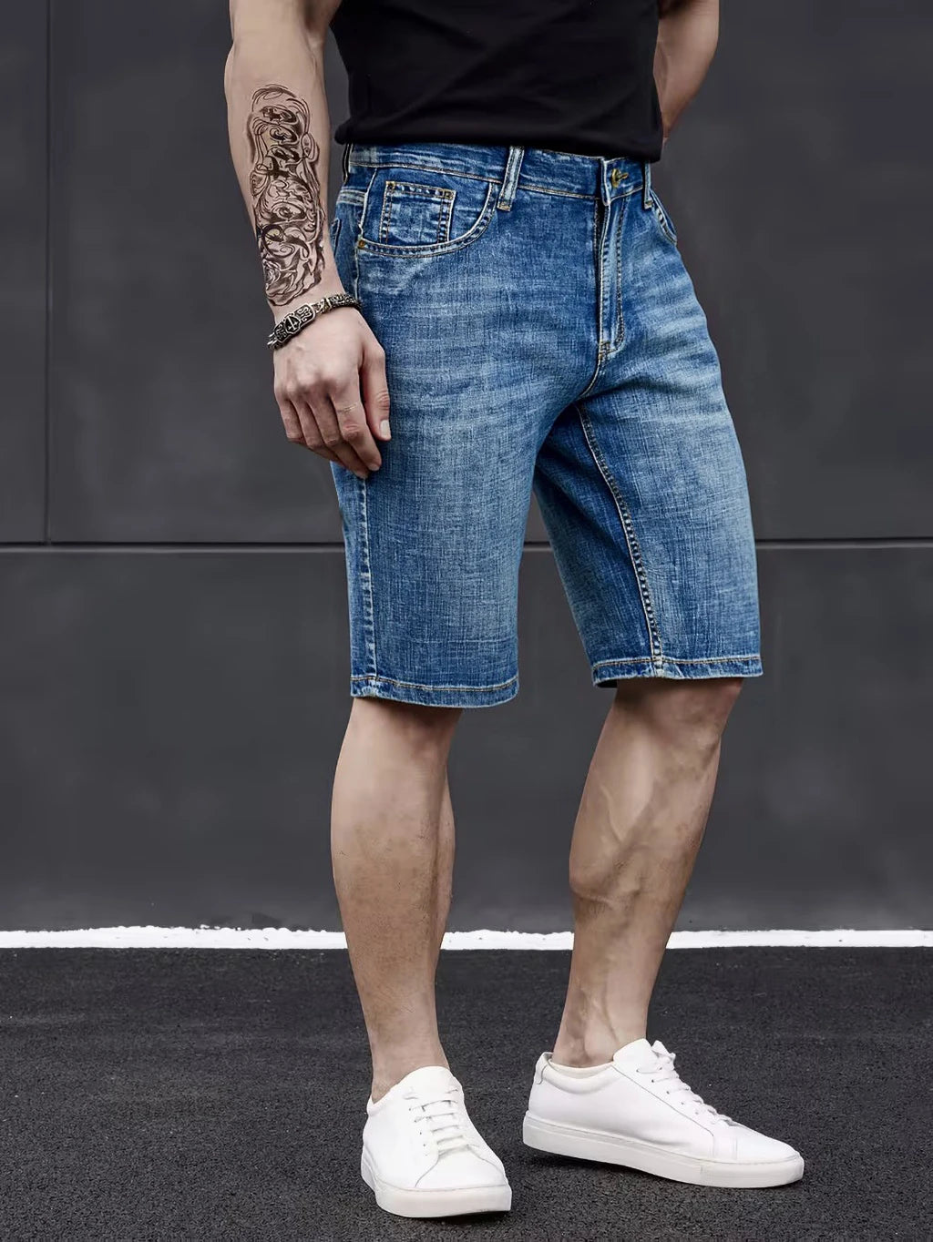 Wthinlee New Business Men's Jeans Casual Straight Stretch Fashion Classic Blue Black Men's Summer Denim Shorts Knee-Length