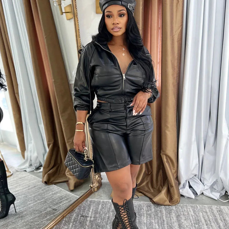 Doyerl PU Faux Leather 2 Pieces Set for Woman Motorcycle Long Sleeve Zip Hooded Cropped Jacket and Shorts Matching Sets Outfits