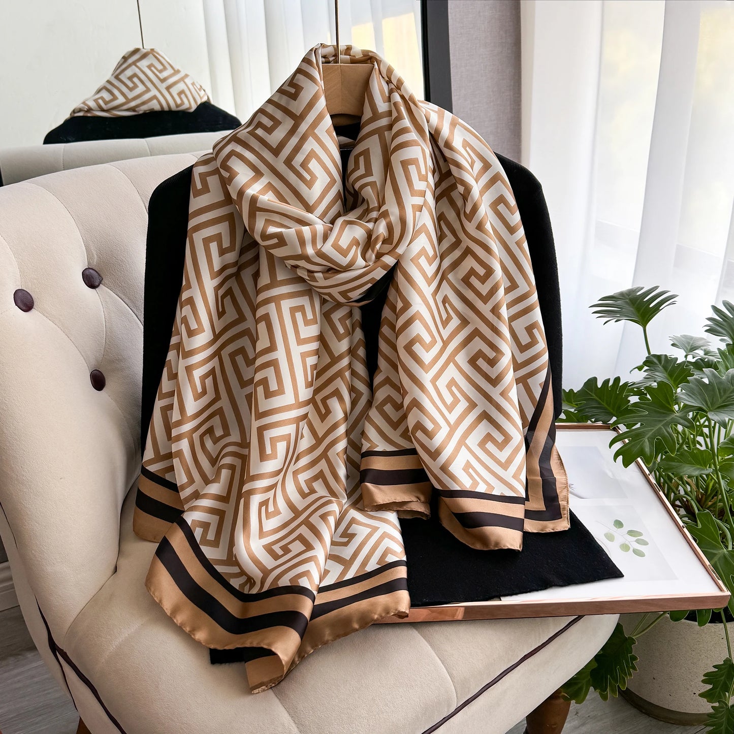 New Geometry Design Large Silk Soft Scarf Women Stylish Print Long Shawl Handkerchief Summer Sun protection Elegant Travel Wrap