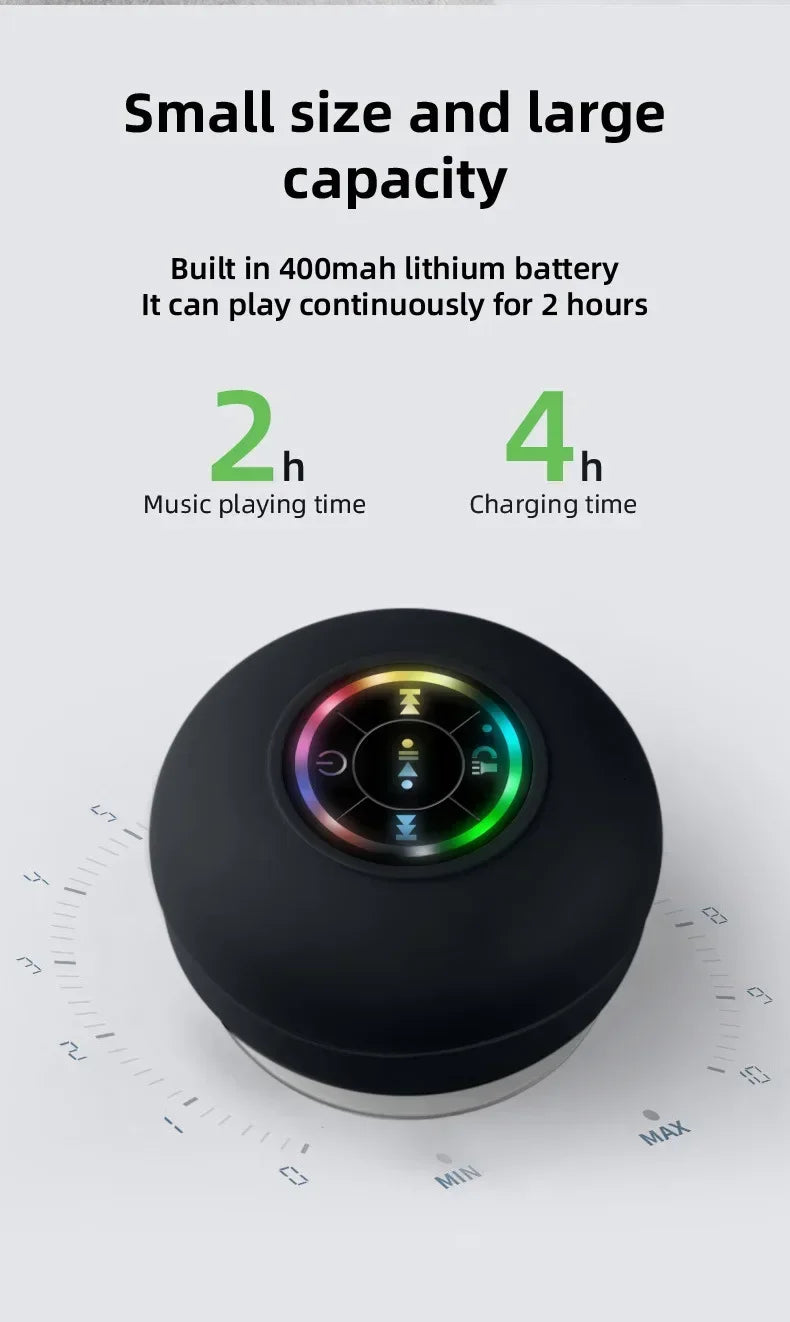 Mini suction cup Bluetooth speaker waterproof hands-free microphone for indoor bathrooms, swimming pools and beaches