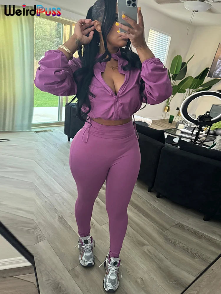 Weird Puss Women Tracksuit 2 Piece Set 2024 Autumn Casual Zip Thin Drawstring Jacket+Leggings Matching Streetwear Sporty Suit