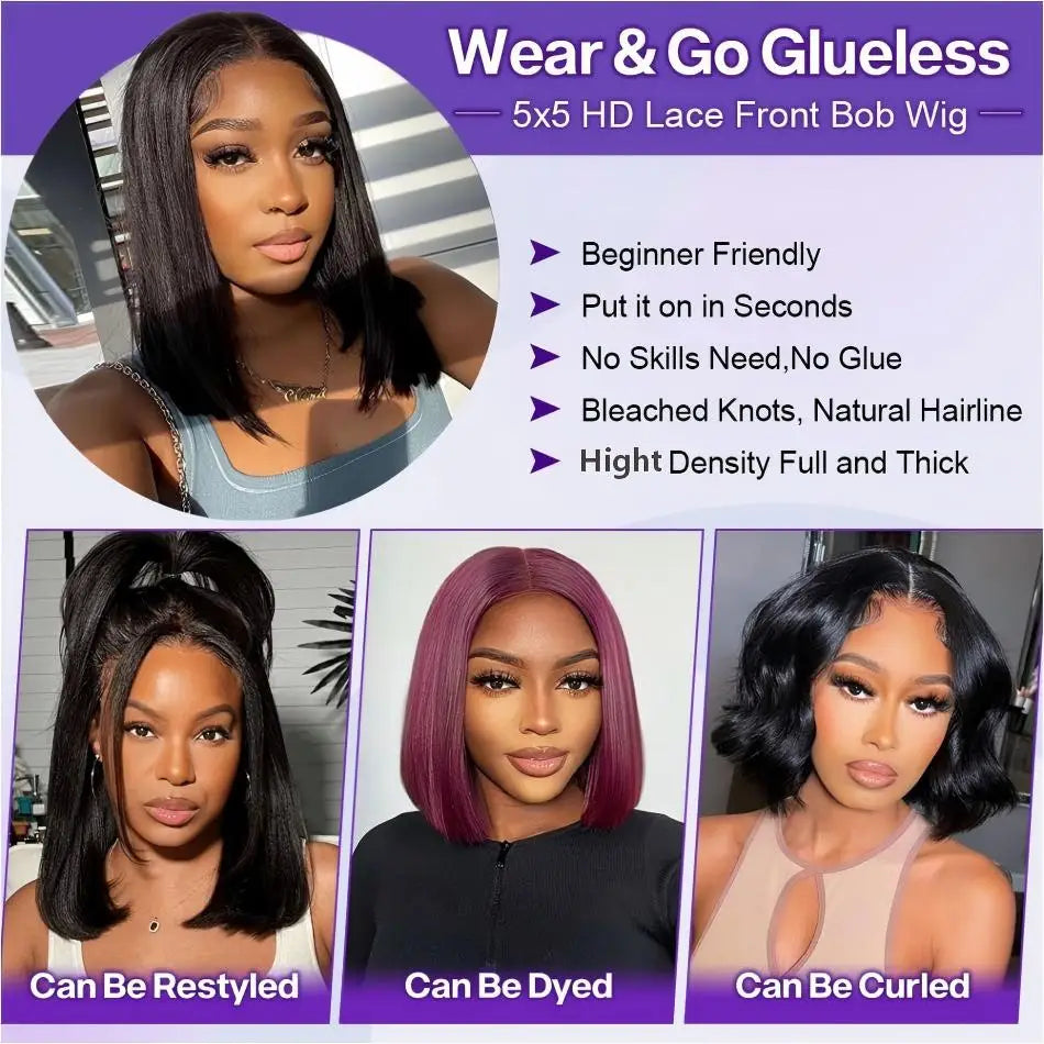 Wear And Go Glueless Bob Wig Human Hair Pre Plucked Pre Cut 5X5 Hd Transparent Lace Front Wigs For Women Straight Short Bob Wigs