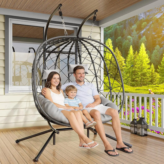 Double Egg Swing Chair with Stand - 2 Person Outdoor Patio Hanging Wicker Hammock Chair with Cushion, Customized