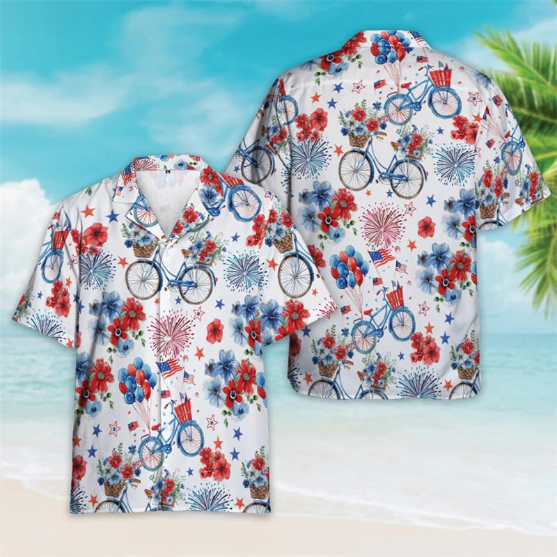 4th Of July Shirts For Men Clothes USA Flag Lapel Blouse Patriotic Hawaii Button Clothes  American Independence Day Short Sleeve