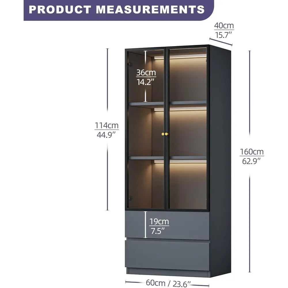Illuminated Glass Display Cabinet with Two Drawers, 3-Tier Storage Hutch, Wooden Showcase for Dining Room and Kitchen