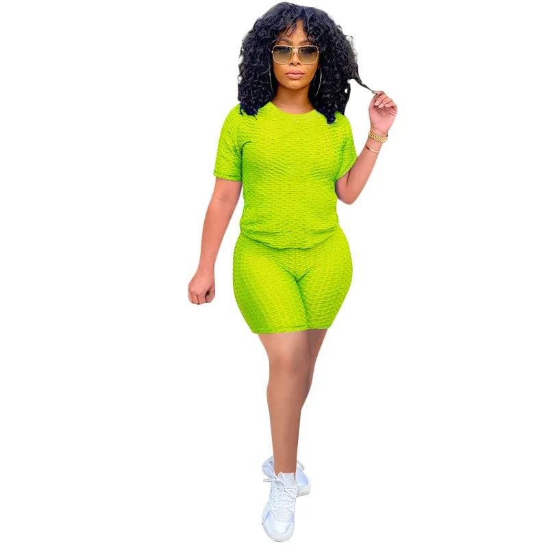 2024 New Summer Round-neck Solid Color Short-sleeved Two-piece Yoga Shorts Women's Sports Suit