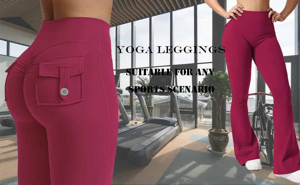 Women's Yoga Flare Trousers, High-Waisted Tummy-Control Wide-Leg Trousers Outdoor Casual Leggings with Pockets, Gym Workout Trou