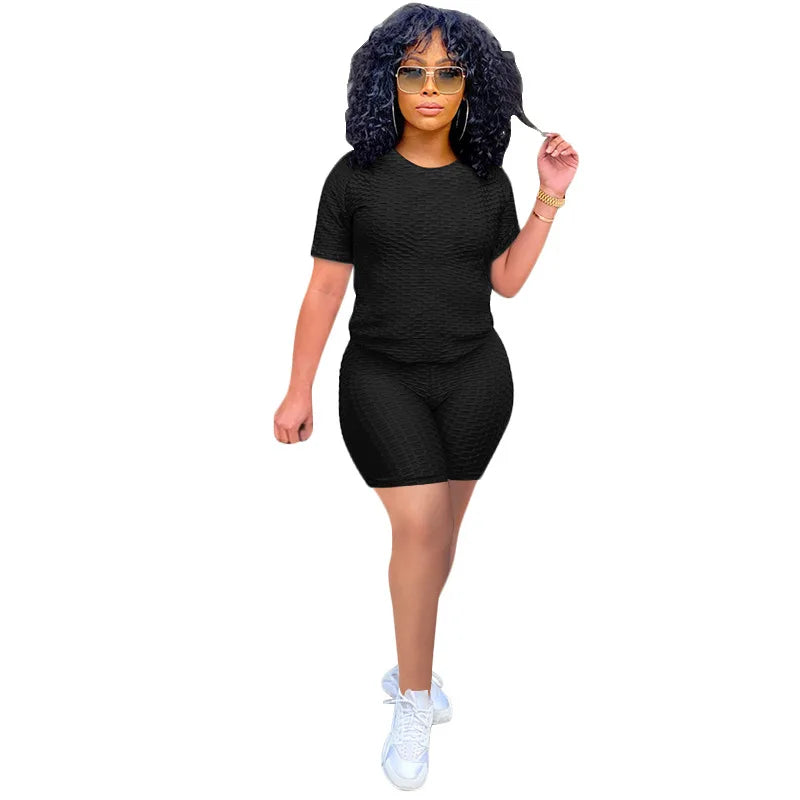 2024 New Summer Round-neck Solid Color Short-sleeved Two-piece Yoga Shorts Women's Sports Suit
