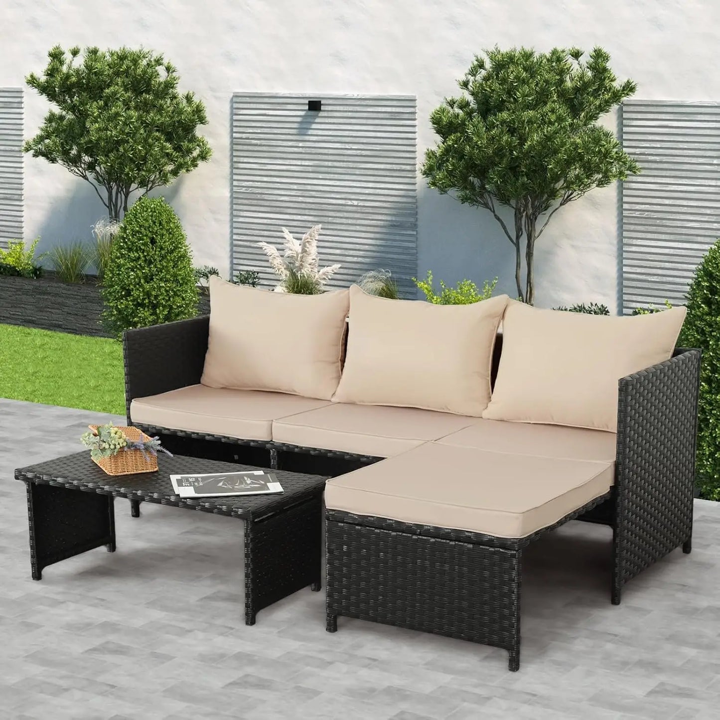3-Piece Outdoor PE Rattan Furniture Set Patio Black Wicker Conversation Loveseat Sofa Sectional Couch Khaki Cushion, Customized
