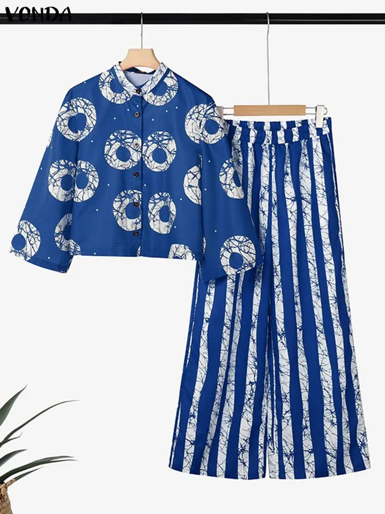 5XL VONDA Plus Size 2 Piece Outfits Autumn Women Bohemian 3/4 Sleeve Fashion Shirts Wide Leg Pants Print Vintage Pant Sets 2PCS