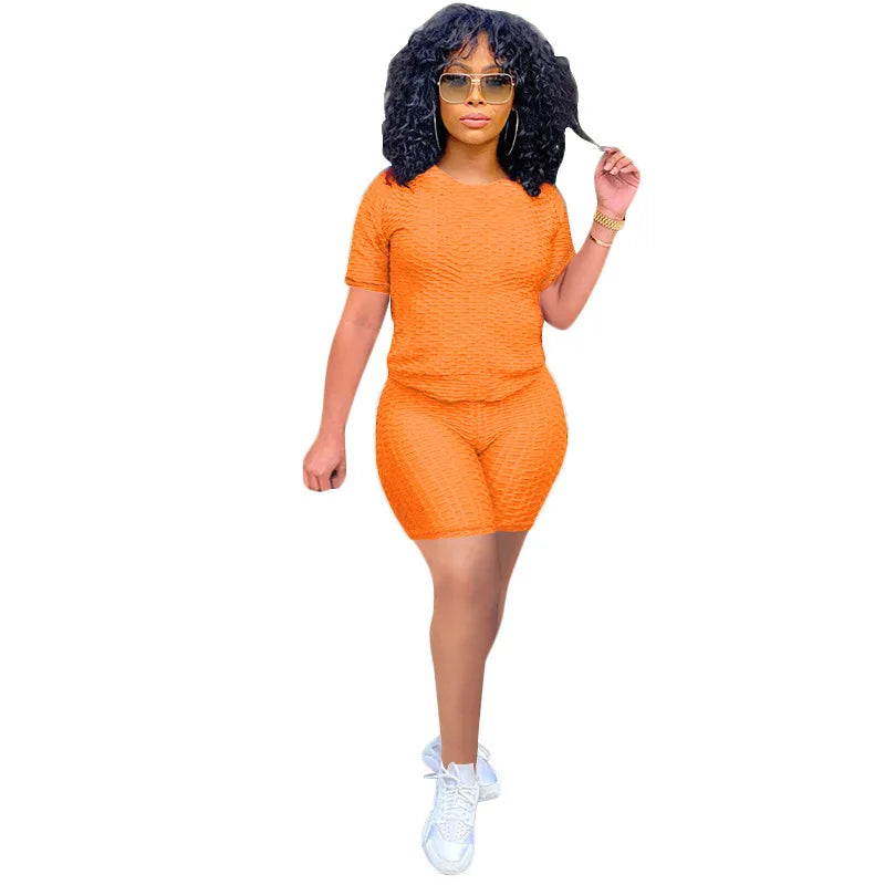 2024 New Summer Round-neck Solid Color Short-sleeved Two-piece Yoga Shorts Women's Sports Suit