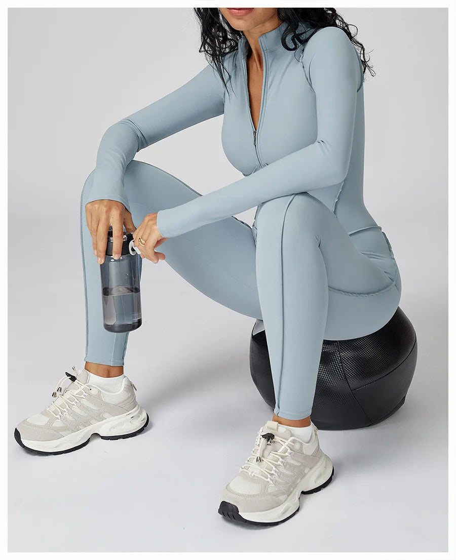 New Autumn/Winter Women One-piece Seamless Yoga Jumpsuits leggings Long-sleeved Zipper Slim Fit Sports Fitness Outfit Tracksuits
