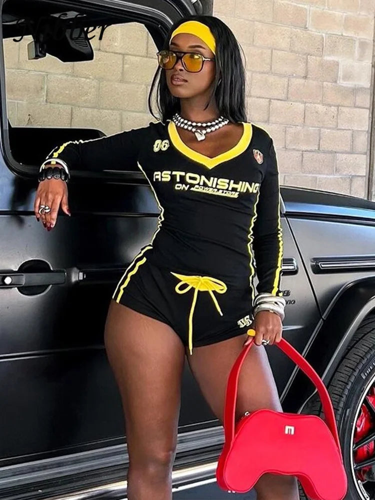 Nibber Women Tracksuit 2 Piece Set Stroke Tight Hipster Letter Print Sporty Casual Crop Tops+Shorts Vitality Matching Outfits