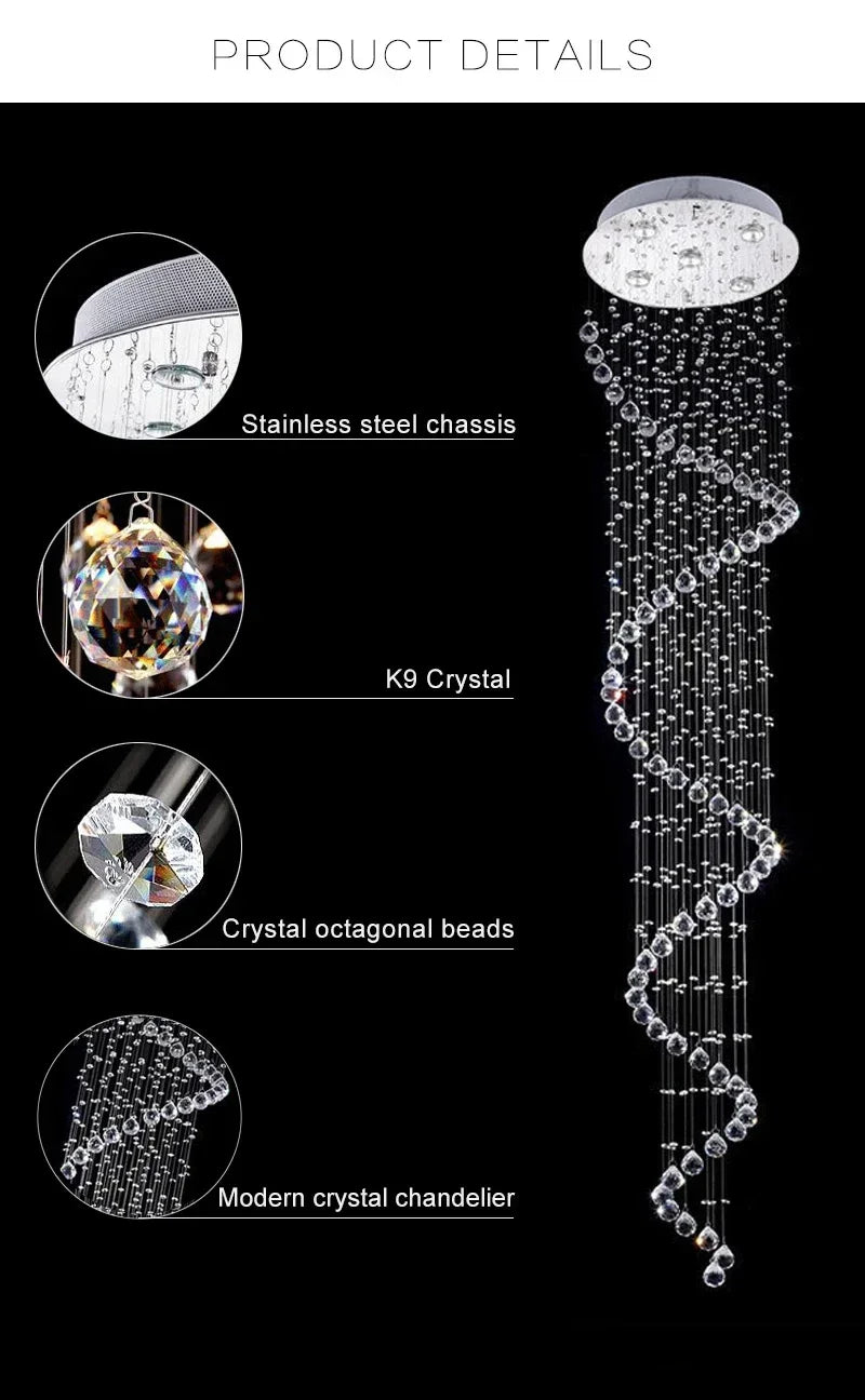 Modern Large K9 Crystal LED Chandeliers for Spiral Living Room Staircase Lamp Showcase Bedroom Kitchen Pendant Light Fixture