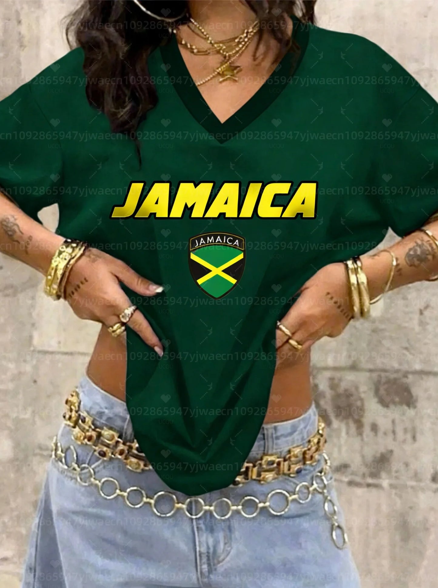 26 Women Summer Jamaican Flag Graphic Print V-Neck Short Sleeve T-Shirt Men Women Tops Retro Street Ladies Sport Plus Size Tops