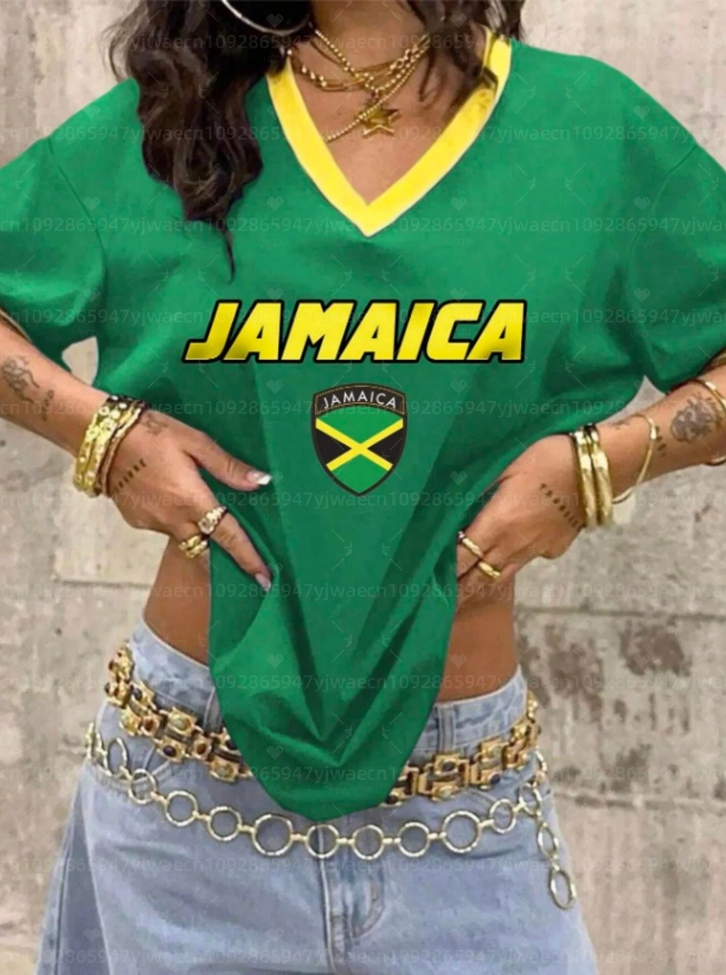 26 Women Summer Jamaican Flag Graphic Print V-Neck Short Sleeve T-Shirt Men Women Tops Retro Street Ladies Sport Plus Size Tops