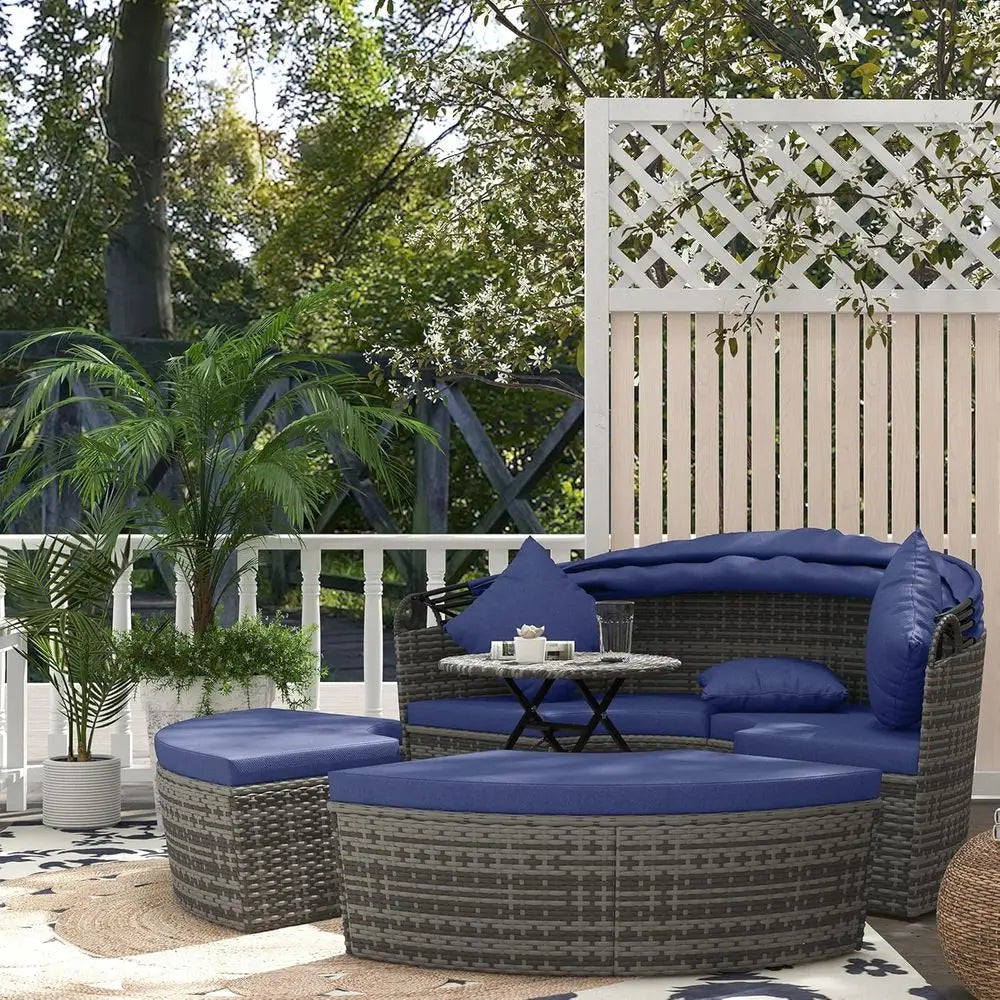 Round Rattan Daybed Patio Furniture Set, 4-Piece Outdoor Sectional Sofa with Adjustable Sunshade, Extending Table, 2 Chairs, Ott