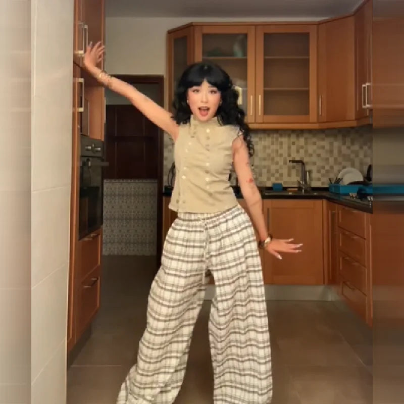 Two-Piece Set For Women Fashion High Neck Double Breasted Sleeveless Blouse Plaid Wide Leg Pants Suit Lady's Casual Outfit