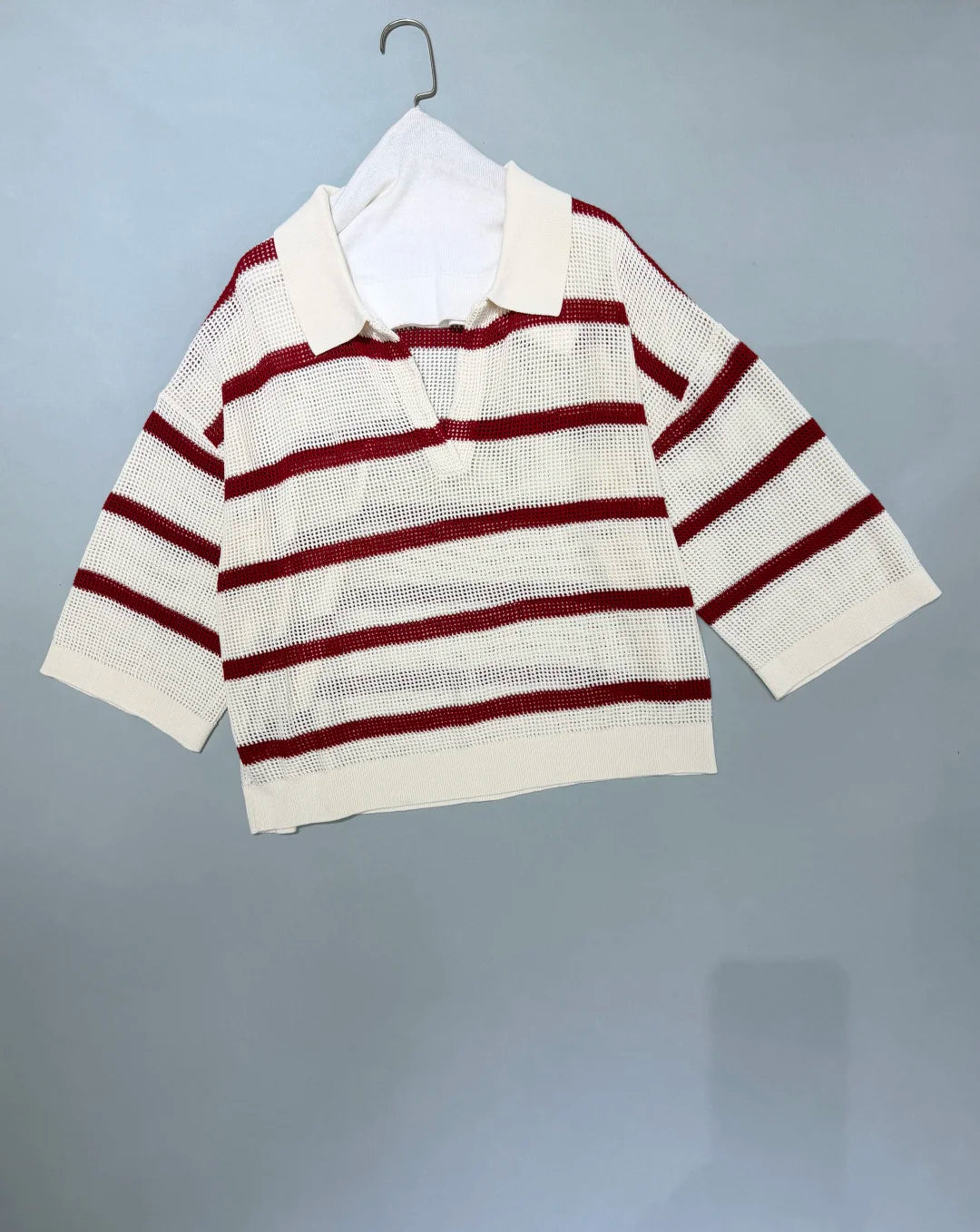 2026 Summer Women's Casual Striped Two-Piece Knit Set — Loose-Fit, Versatile Outfit featuring a Collared, Open-Work Design