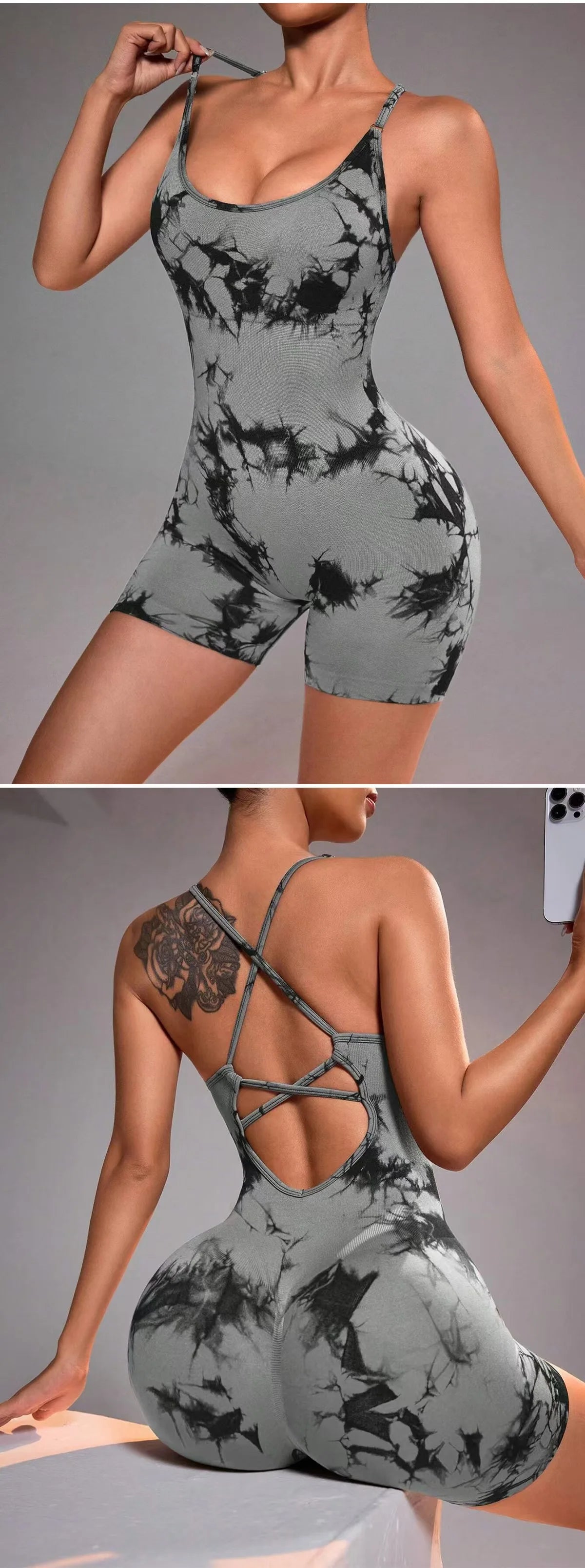 Tie Dye Yoga Bodysuit for Women - Seamless No Visible Panty Line Strappy Dance Leotard, High Cut Workout Unitard for Gym Fitness