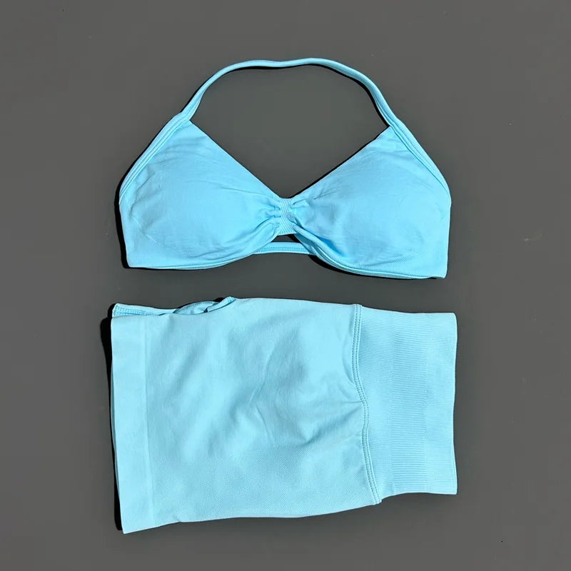 2 Piece Sports Yoga Set Sportswear Woman Gym Strappy Bra And Shorts Activewear Pilates Clothes Sports Workout Fitness Suit