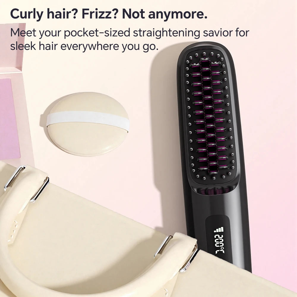 Hair Straightener Brush with 3 Temp Settings, Fast Heating & Auto-off, Portable Rechargeable Ionic Straightening Comb for Women