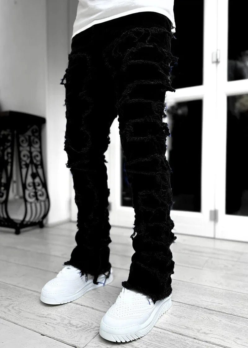 New Men's Fashion Jeans Work Pants, European and American Fashion Workwear Elastic Patchwork Denim Layered Flared Pants S-XXL