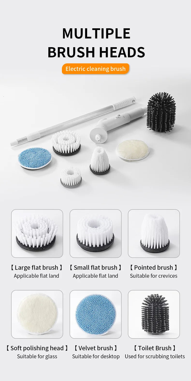 Electric Spin Scrubber Cordless Multi-Function Low Noise Electric Cleaning Brush Replaceable Brush Heads And Adjustable Handle