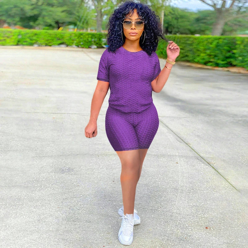 2024 New Summer Round-neck Solid Color Short-sleeved Two-piece Yoga Shorts Women's Sports Suit