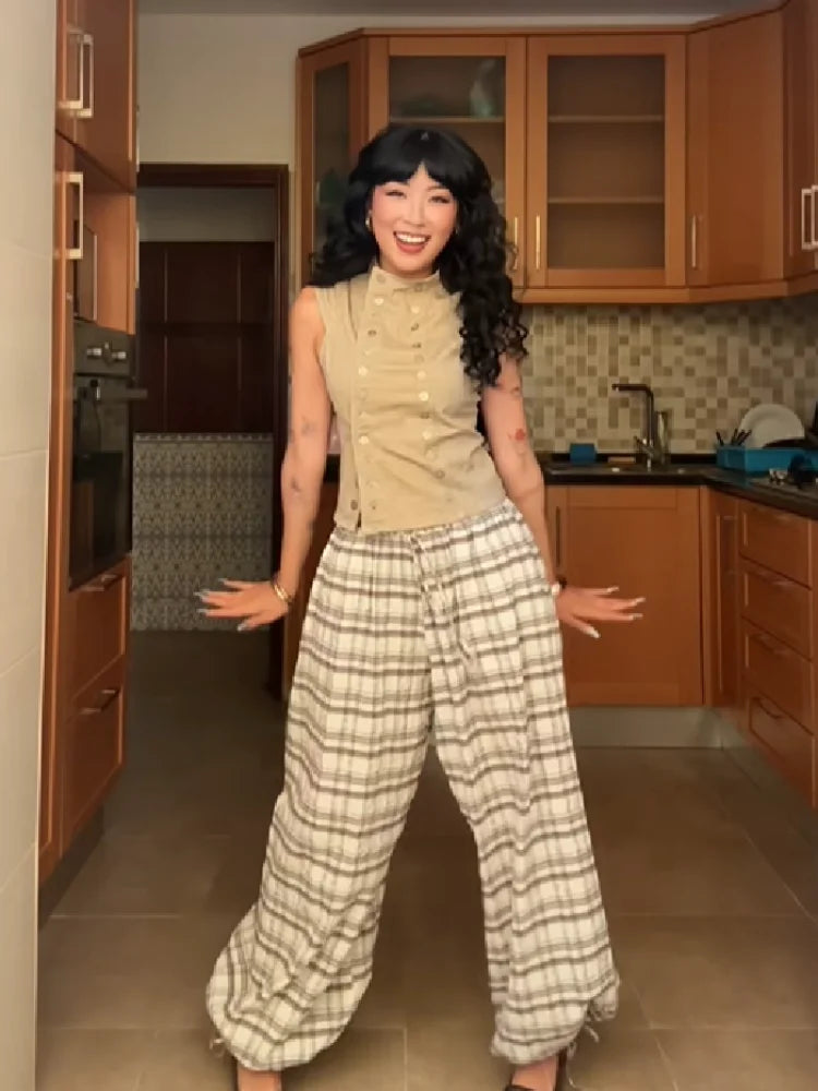 Two-Piece Set For Women Fashion High Neck Double Breasted Sleeveless Blouse Plaid Wide Leg Pants Suit Lady's Casual Outfit
