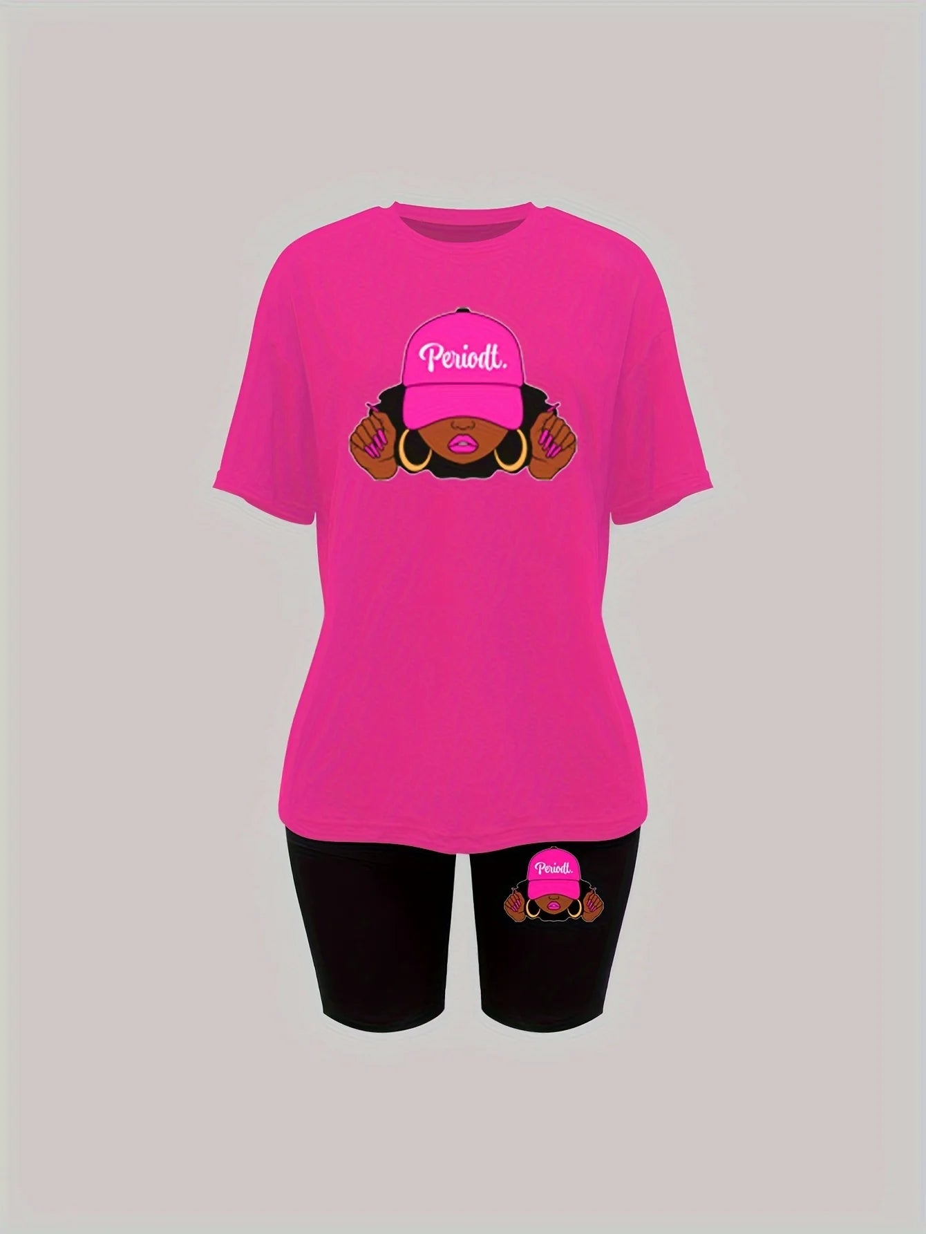 Women's summer casual loose fit large casual Graphic print round neck short sleeved T-shirt+shorts two-piece set