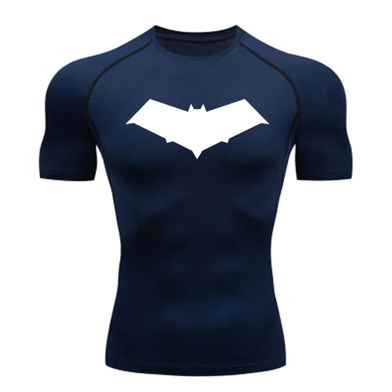 Summer Casual Run Compression T-Shirt Men Tops Bat Print Quick-Dry Fitness Gym Sportswear MMA Rashguard Jersey Workout Tee Male