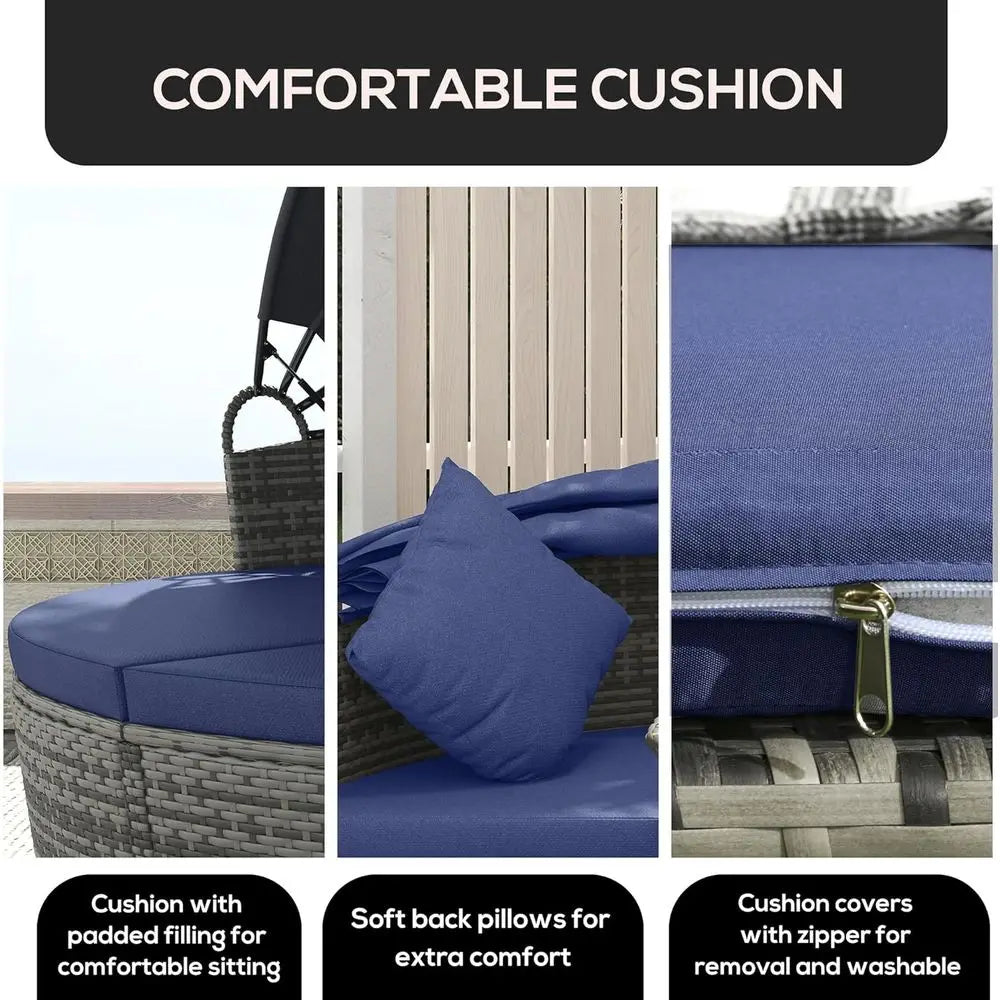 Round Rattan Daybed Patio Furniture Set, 4-Piece Outdoor Sectional Sofa with Adjustable Sunshade, Extending Table, 2 Chairs, Ott