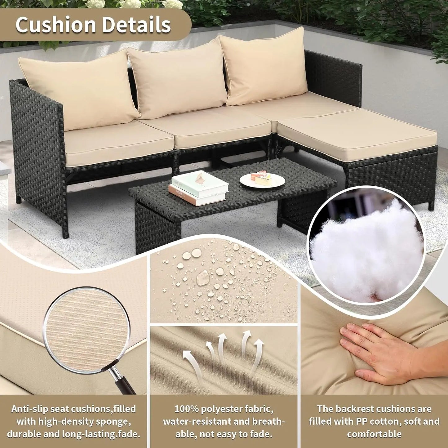 3-Piece Outdoor PE Rattan Furniture Set Patio Black Wicker Conversation Loveseat Sofa Sectional Couch Khaki Cushion, Customized