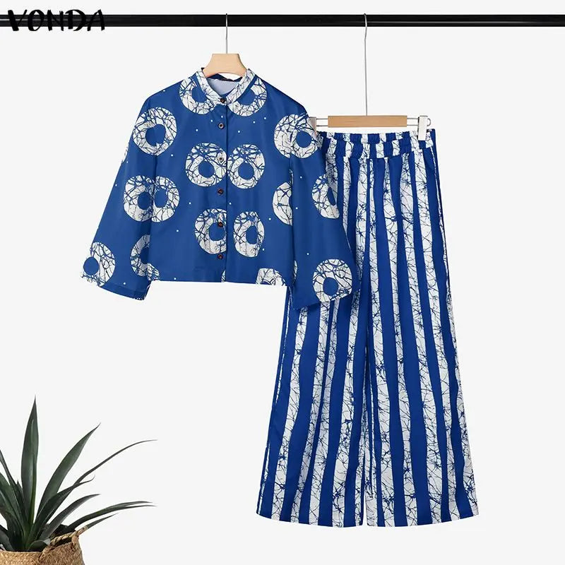 5XL VONDA Plus Size 2 Piece Outfits Autumn Women Bohemian 3/4 Sleeve Fashion Shirts Wide Leg Pants Print Vintage Pant Sets 2PCS