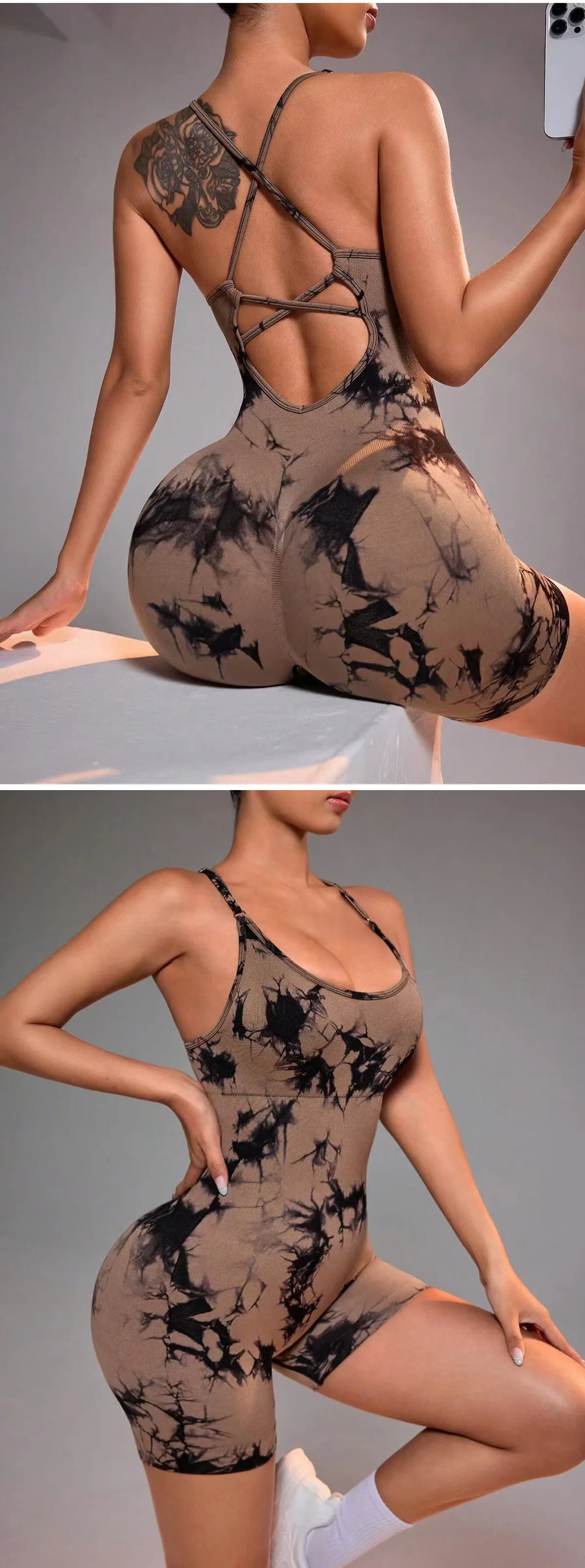 Tie Dye Yoga Bodysuit for Women - Seamless No Visible Panty Line Strappy Dance Leotard, High Cut Workout Unitard for Gym Fitness