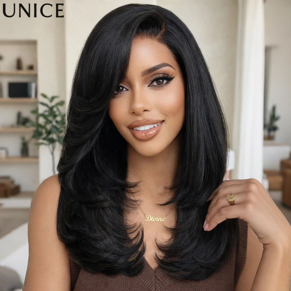 UNice Bye-Bye Knots™ 7x5 Lace Pre Layered Side Part Yaki Straight Wig Human Hair Glueless Wig Short Bob Wigs 150% Density