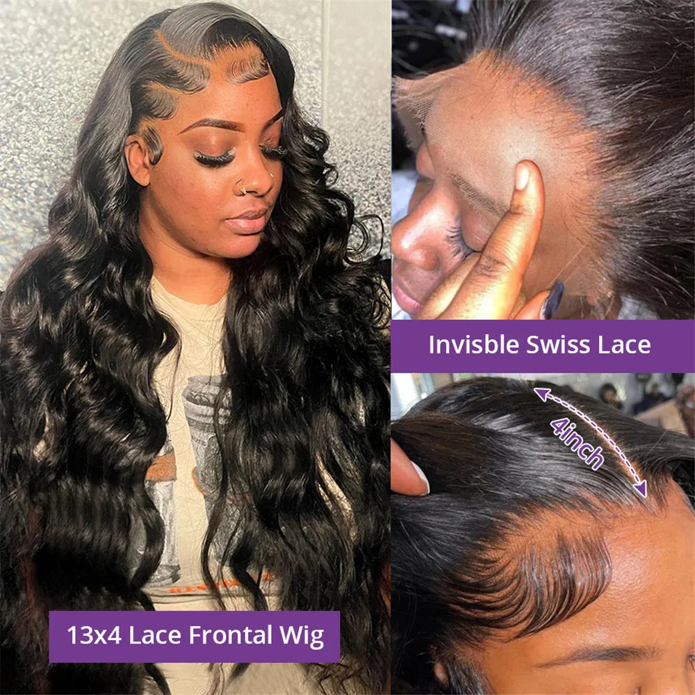 200 Density Body Wave 13x4 HD Transparent Lace Front Human Hair Wig Black 13x6 Lace Frontal Wigs 30 40 Inch PrePlucked Lace