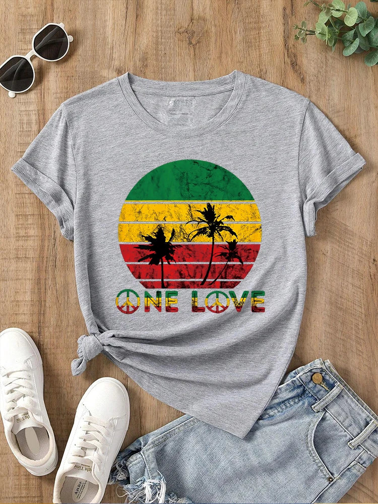 2024 New Rasta Reggae One Love Retro Vintage Sunset Jamaica Vacation T-shirt Women's Round Neck Short Sleeved Top