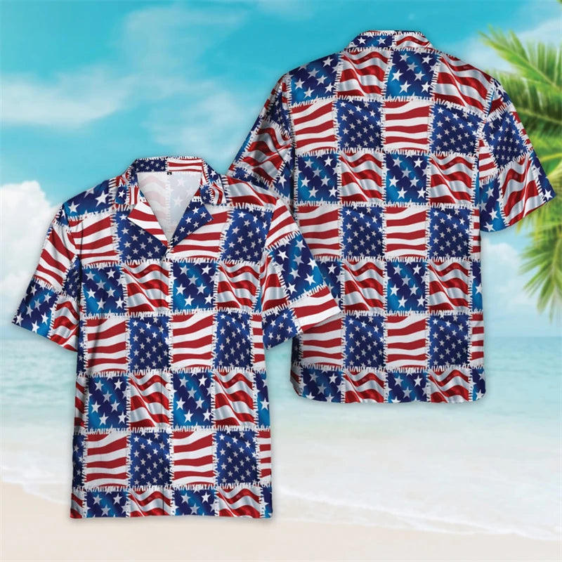 4th Of July Shirts For Men Clothes USA Flag Lapel Blouse Patriotic Hawaii Button Clothes  American Independence Day Short Sleeve