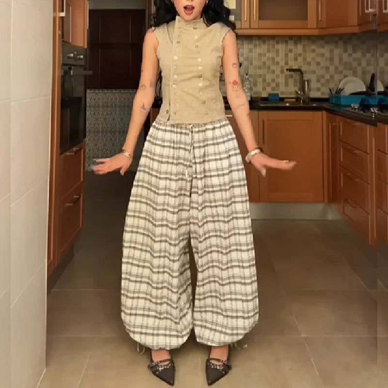 Two-Piece Set For Women Fashion High Neck Double Breasted Sleeveless Blouse Plaid Wide Leg Pants Suit Lady's Casual Outfit