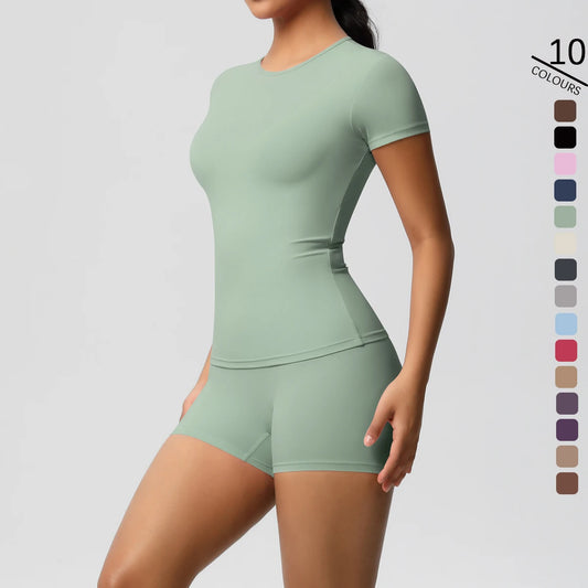 2PC Quick-Drying Gym Leggings Set Summer Short Sleeve Breathable Stretchy GYM Yoga Slim Fitness Active Top Women's cycling short